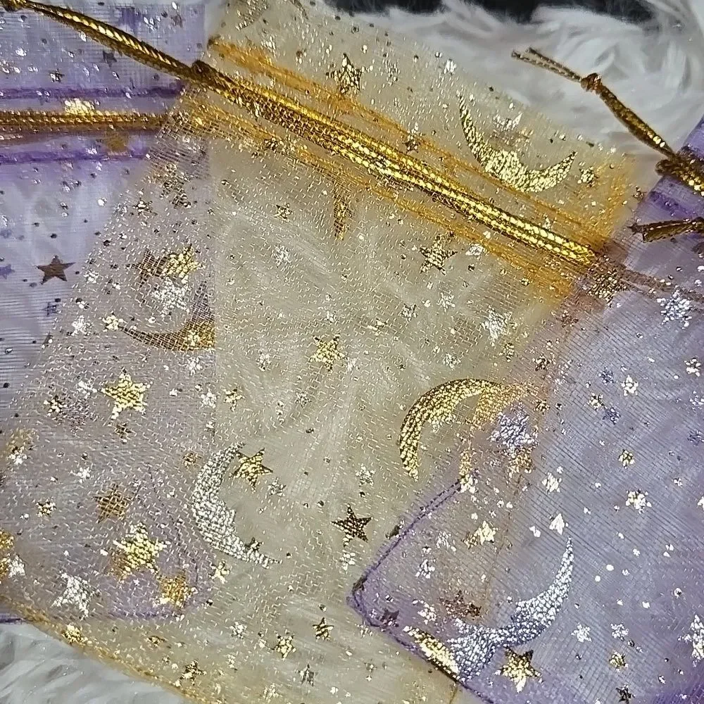 Sheer Organza Gift Bags Drawstring XSmall Metallic Stars Gold pink Colors Cinch